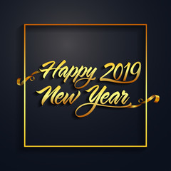 Fototapeta na wymiar Happy new year 2019 gold and black colors. Text Design calendar. Freehand drawing. Christmas balls. Vector illustration. Isolated on a dark background