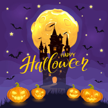 Happy Halloween with castle and happy pumpkins on purple background