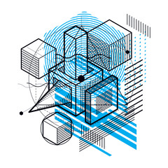 Isometric linear abstract vector background, lined abstraction. Cubes, hexagons, squares, rectangles and different abstract elements.