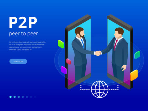 Isometric Peer to peer and Fintech concept. Two Businessman interacting with each other through mobile device displays.