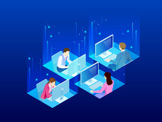 Four isometric office workers in the office. Bussines co-working space concept. Business colleagues working at a busy open plan office.