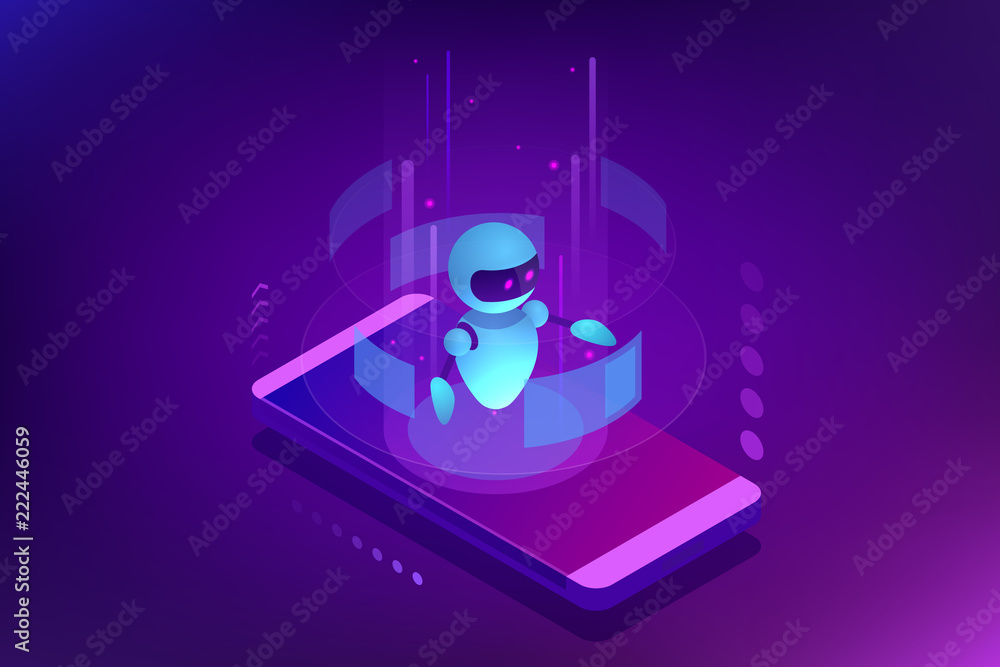Poster isometric artificial intelligence. chatbot and future marketing. ai and business iot concept. dialog