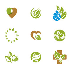 Phytotherapy metaphor, vector graphic emblems collection. Vegetarian lifestyle conceptual illustrations.