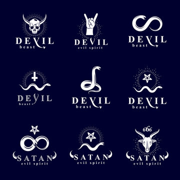 Vecteur Stock Set of vector demonic infernal mystic logotypes created using  poisonous snakes, horned wicked dead head symbols, pagan pentacles and  goats with 666 numbers as illustration of Lucifer. | Adobe Stock