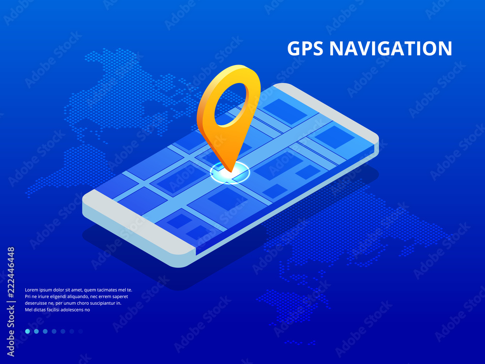 Poster isometric gps navigation in the phone with a red pointer. vector illustration on blue background