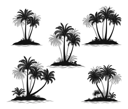 Set Exotic Landscapes, Sea Islands with Palm Trees, Tropical Plants and Grass Black Silhouettes Isolated on White Background. Vector