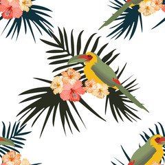 Tropical seamless pattern with colorful toucans and flowers.Summer vector graphic background.Textile texture