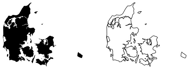 Simple (only sharp corners) map of Denmark (Danmark) vector drawing. Mercator projection. Filled and outline version.