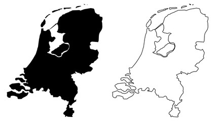 Simple (only sharp corners) map of Netherlands vector drawing. Mercator projection. Filled and outline version. - obrazy, fototapety, plakaty