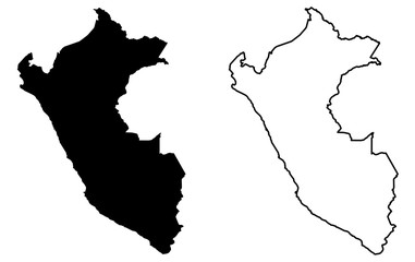 Simple (only sharp corners) map of Peru vector drawing. Mercator projection. Filled and outline version.
