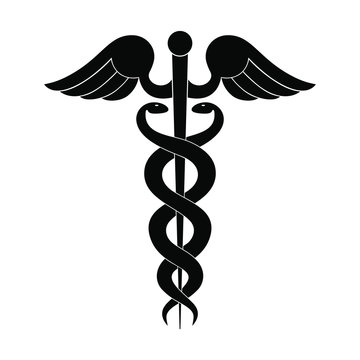 Modern sign of the caduceus. Symbol of medicine. The wand of Hermes with wings and two crossed snakes. Icon isolated on a white background. Vector illustration