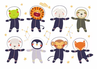 Peel and stick wall murals Illustrations Set of cute funny animal astronauts in space suits, with stars. Isolated objects on white background. Hand drawn vector illustration. Scandinavian style flat design. Concept for children print.