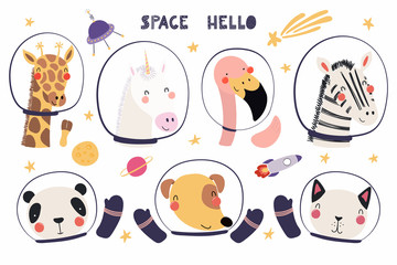 Ensemble d& 39 astronautes animaux drôles mignons dans des casques spatiaux, avec des étoiles. Objets isolés sur fond blanc. Illustration vectorielle dessinés à la main. Design plat de style scandinave. Concept pour l& 39 impression des enfants.