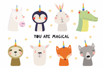 Set of cute funny animals with unicorn horns, quote You are magical. Isolated objects on white background. Hand drawn vector illustration. Scandinavian style flat design. Concept for children print.