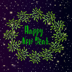 Fototapeta premium Happy New Year - a beautiful greeting card. Christmas wreath and snow on a dark gradient background with a bokeh