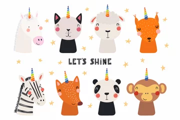  Set of cute funny animals with unicorn horns, quote Lets shine . Isolated objects on white background. Hand drawn vector illustration. Scandinavian style flat design. Concept for children print. © Maria Skrigan