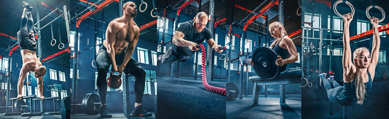 Collage about men with battle rope and woman in the fitness gym. The gym, sport, rope, training,...