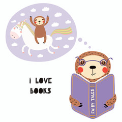 Hand drawn vector illustration of a cute funny sloth reading a book, with quote I love books. Isolated objects on white background. Scandinavian style flat design. Concept for children print. © Maria Skrigan