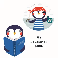 Fotobehang Hand drawn vector illustration of a cute funny penguin reading a book, with quote My favourite book. Isolated objects on white background. Scandinavian style flat design. Concept for children print. © Maria Skrigan