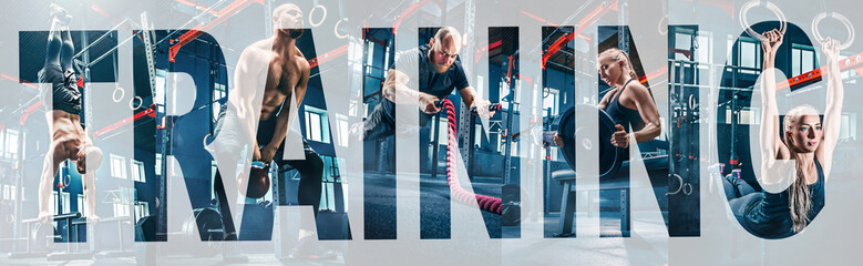 Collage about men with battle rope and woman in the fitness gym. The gym, sport, rope, training, athlete, workout, exercises concept. letters over the collage.