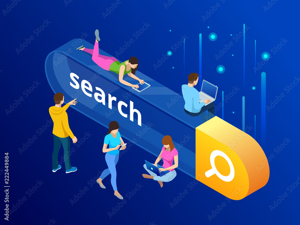 Poster isometric search bar modern concept. search engine optimization and web analytics elements. vector i