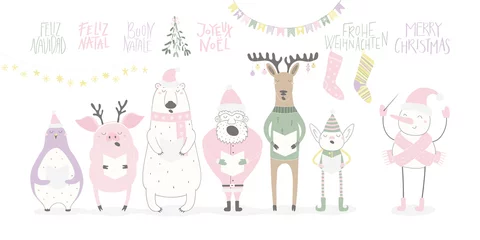 Foto auf Acrylglas Abbildungen Handgezeichnete Vektorgrafik eines lustigen singenden Weihnachtsmannes, Elf, Tiere, mit Zitat Frohe Weihnachten in verschiedenen Sprachen. Isolierte Objekte auf weißem Hintergrund. Flaches Design. Konzeptkarte, einladen.