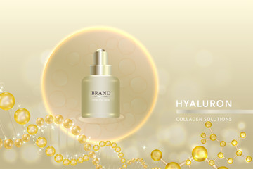Beauty product, gold cosmetic container with advertising background ready to use, luxury skin care ad, vector illustration.