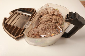 litter and dust in the dust container of the vacuum cleaner
