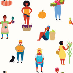 Seamless repeat pattern with cute beautiful women gathering fruits and vegetables. Hand drawn vector illustration. Flat style design. Concept autumn harvest, textile print, wallpaper, wrapping paper.