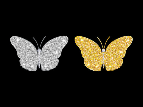 set of shining butterflies of gold and silver glitter. Icon. Vector illustration.