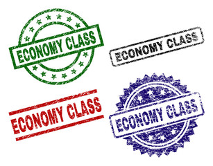 ECONOMY CLASS seal stamps with distress style. Black, green,red,blue vector rubber prints of ECONOMY CLASS label with scratched style. Rubber seals with round, rectangle, medallion shapes.