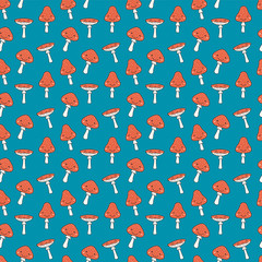 Seamless repeat pattern with kawaii fly amanita mushrooms on blue. Hand drawn vector illustration. Line drawing. Design concept for Halloween party, textile print, wallpaper, wrapping paper.
