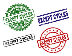 EXCEPT CYCLES seal prints with corroded texture. Black, green,red,blue vector rubber prints of EXCEPT CYCLES caption with corroded surface. Rubber seals with round, rectangle, medal shapes.