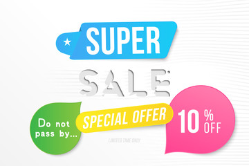 Super sale 10 off discount. Banner template for design advertising and poster with colors elements on white background. Flat vector illustration EPS 10