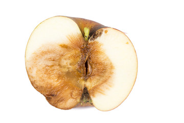 Close up Boring trace of a codling moth Monilia Fructigena, in a half wormy apple. On white...