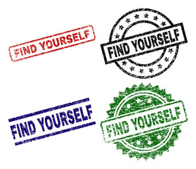 FIND YOURSELF seal prints with damaged surface. Black, green,red,blue vector rubber prints of FIND YOURSELF caption with scratched style. Rubber seals with round, rectangle, medallion shapes.