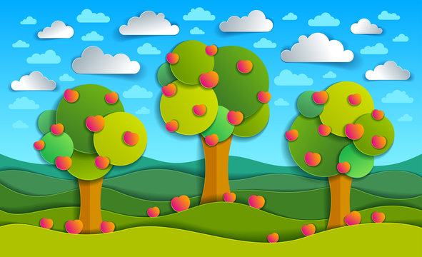 Three apple trees in the field scenic nature landscape cartoon modern style paper cut vector illustration.