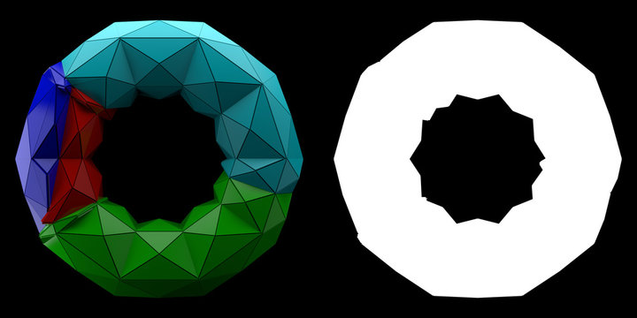 3d render abstract backgrouny. Triangular and extruded tourus geometry. Positive colored fractured geometry. Image with mask...