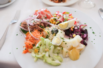 Colorful and delicious Moroccan salad healthy food. Essaouira, Morocco.