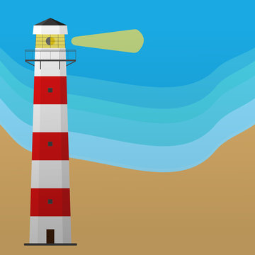 Lighthouse on the Sea Vector Illustration. Lighthouse Background.