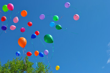 Colorful balloons on blue sky background. Holiday.