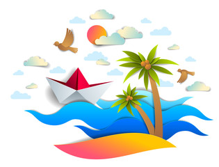 Fototapeta na wymiar Paper ship swimming in sea waves with beautiful beach and palms, origami folded toy boat floating in the ocean with beautiful scenic seascape with birds and clouds in the sky, vector.