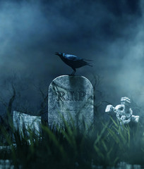 Crow on a gravestone in halloween night,3d illustration.