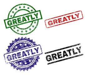 GREATLY seal prints with damaged surface. Black, green,red,blue vector rubber prints of GREATLY title with retro surface. Rubber seals with round, rectangle, medallion shapes.