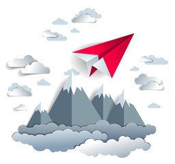 Origami paper plane toy flying in the sky over mountain peaks, perfect vector illustration of scenic nature landscape with toy jet take off mountain range, airlines air travel theme.