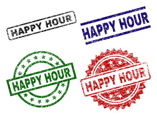 HAPPY HOUR seal prints with corroded texture. Black, green,red,blue vector rubber prints of HAPPY HOUR text with corroded surface. Rubber seals with round, rectangle, rosette shapes.