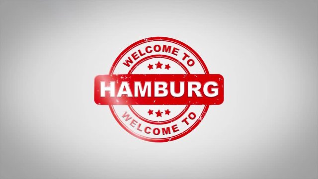 Welcome to HAMBURG Signed Stamping Text Wooden Stamp Animation. Red Ink on Clean White Paper Surface Background with Green matte Background Included.