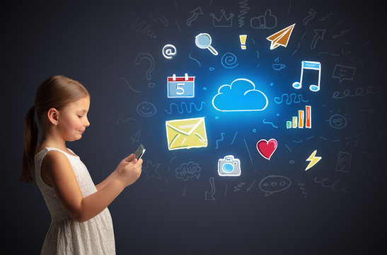 Adorable girl working on tablet with application and gadgets concept
