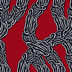 Horror art style horrible seamless pattern, vector background. Tangled roots or gut biological life form weird endless illustration. Usable for fabric, wallpaper, wrapping, web and print.