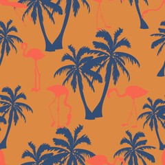 Seamless hand drawn botanical exotic vector pattern with silhouette coconut palm trees and flamingos on orange background.